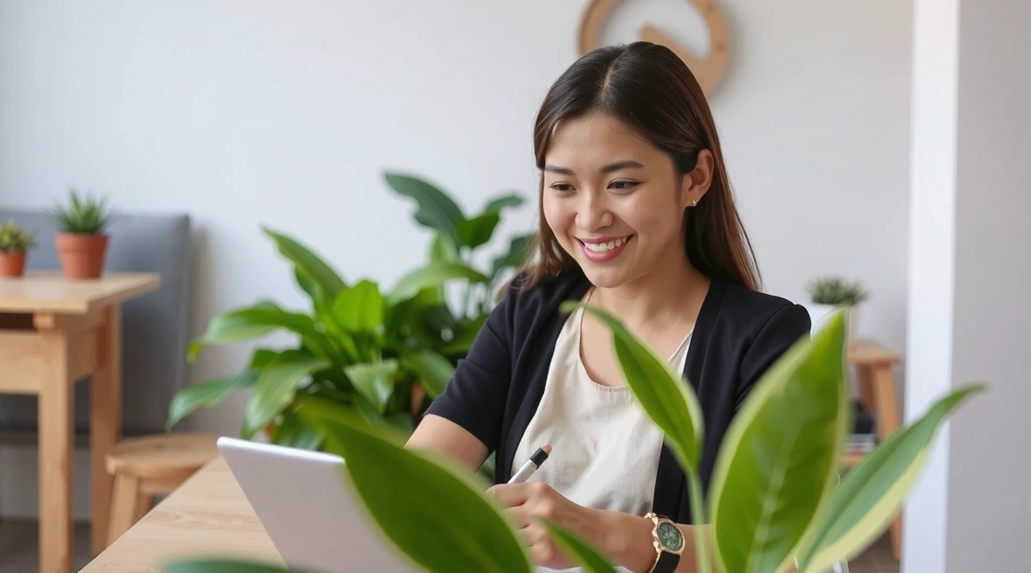 Mujer sonriendo mientras escribe en una tablet, con plantas y elementos naturales alrededor, transmitiendo calma y atención al cliente.