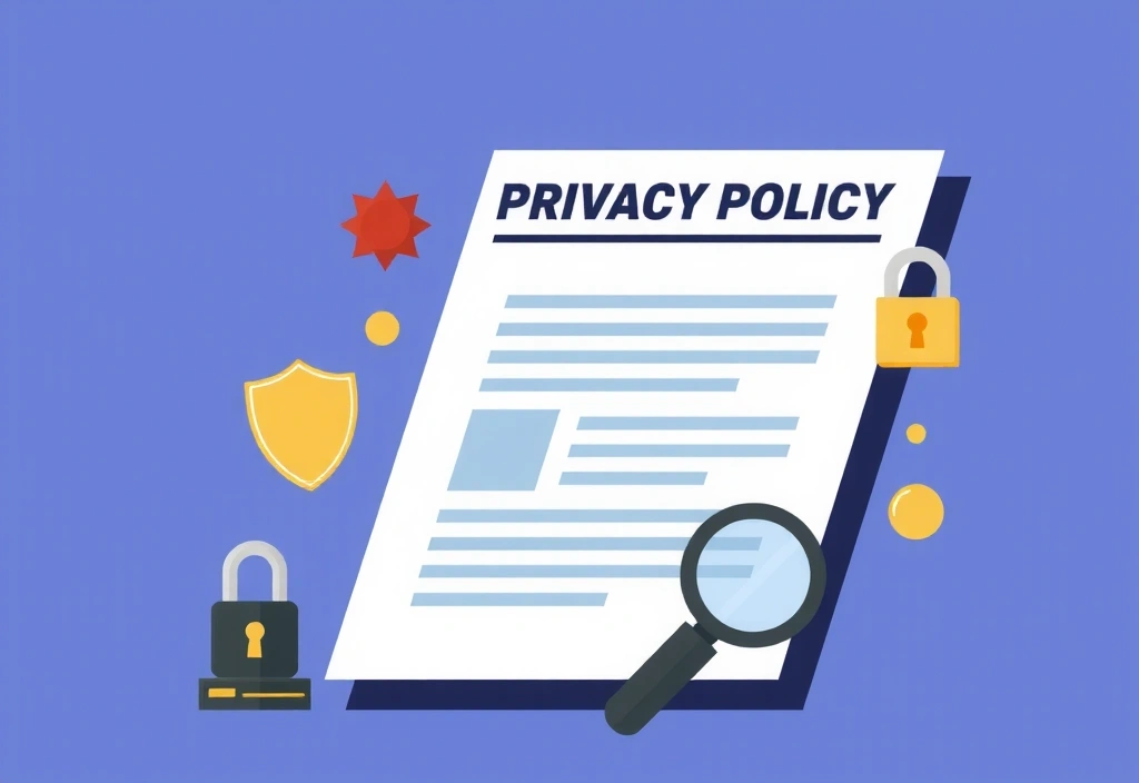 Ilustración de un documento de política de privacidad con un sello de aprobación y elementos de seguridad